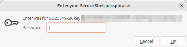 A graphical ssh askpass window presented by Seahorse in GNOME on Ubuntu 26.04